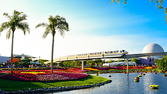 Monorail passing over colorful flower gardens at Epcot