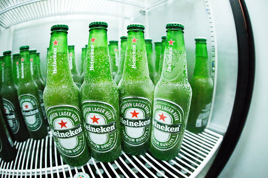 Cold Heineken Beer Bottles in Refrigerator