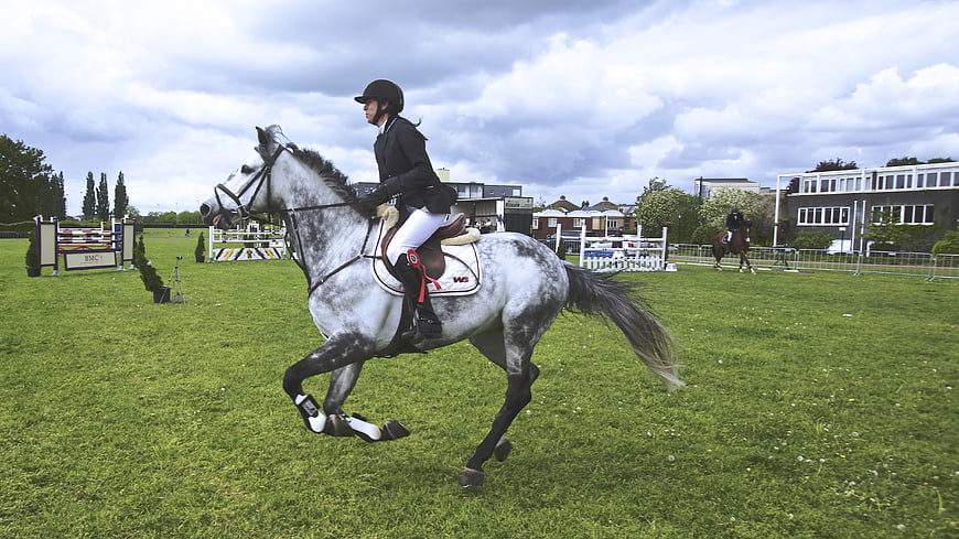 Woman riding grey horse in equestrian show jumping field