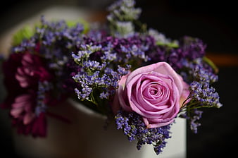 Pink Rose and Purple Statice Floral Arrangement