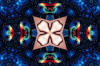 Abstract kaleidoscope pattern with eyes and starry background