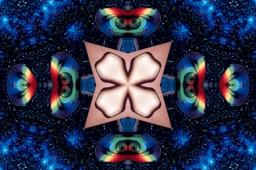 Abstract kaleidoscope pattern with eyes and starry background