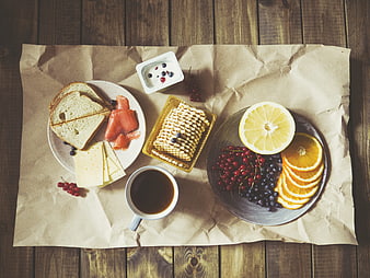 Healthy Breakfast Flat Lay With Coffee, Waffles, Salmon, Cheese, And Fresh Fruit