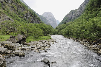 Scenic River Flowing Through Norwegian Mountain Valley