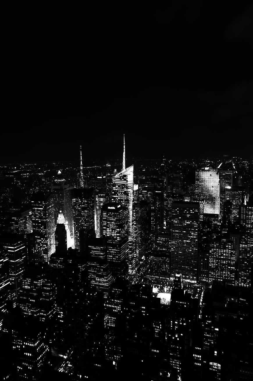 Black and White Night Skyline of New York City Skyscrapers