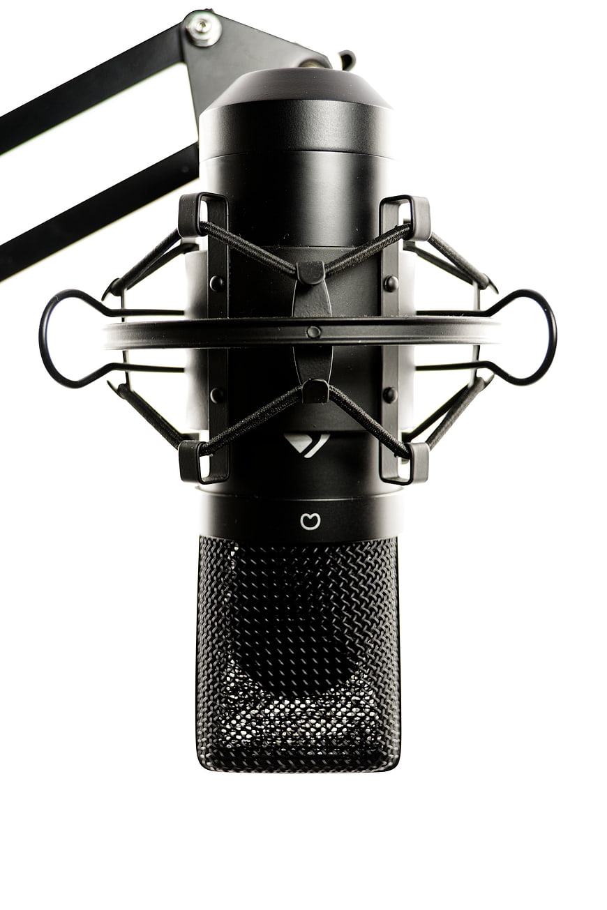 Black Studio Condenser Microphone in Shock Mount on White Background
