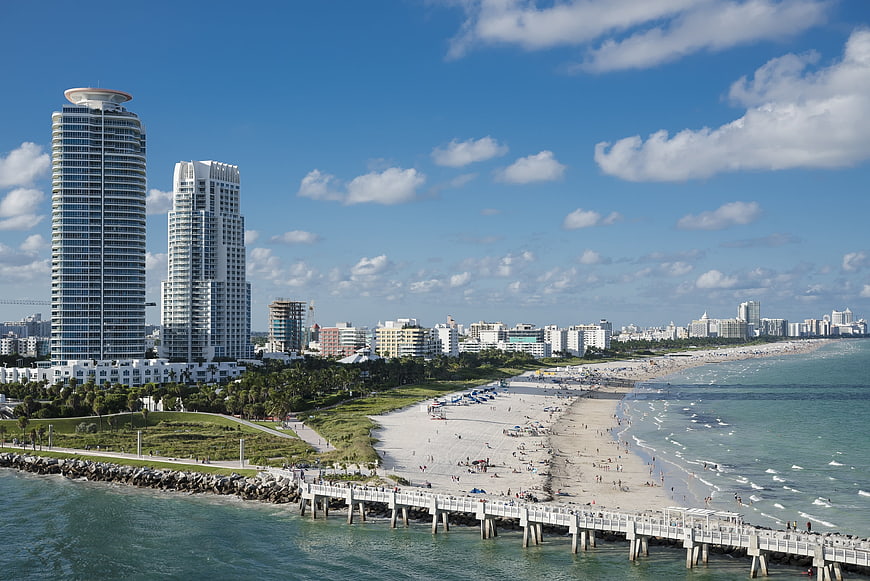 Aerial View of Miami Beach Pier and Ocean Skyline