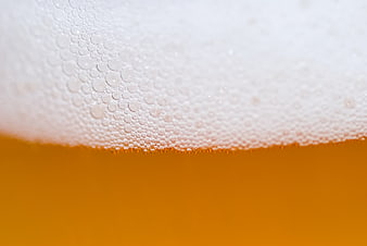 Close-up of golden beer with white foam bubbles