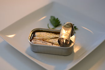 Canned Sardines in Oil on White Square Plate