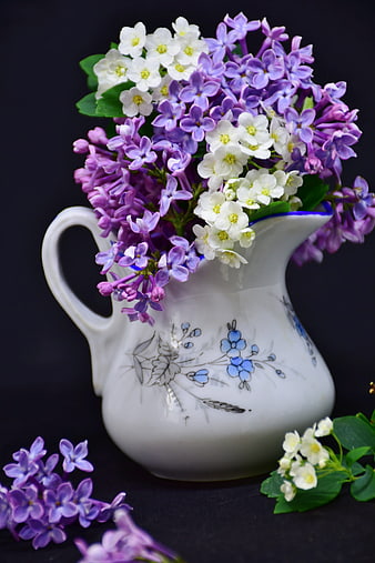Purple and White Lilacs in Vintage Ceramic Pitcher