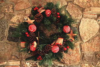 Rustic Christmas Wreath with Pine Cones and Red Ornaments
