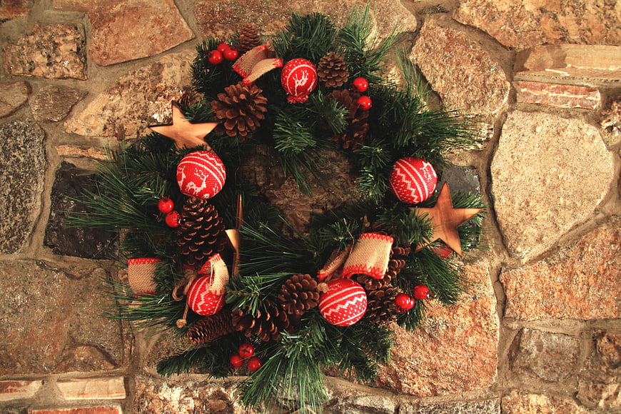 Rustic Christmas Wreath with Pine Cones and Red Ornaments