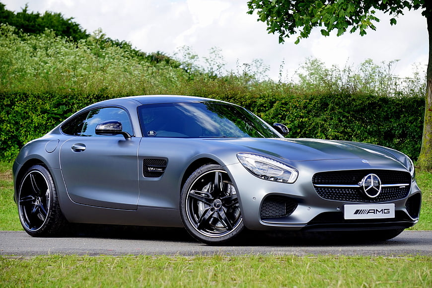 Silver Mercedes-AMG GT Sports Car on Road