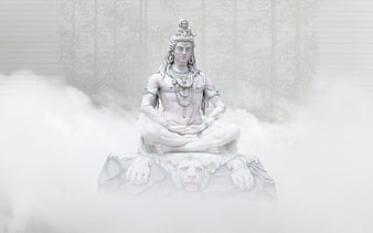 Meditating Shiva Statue in Misty Bamboo Forest