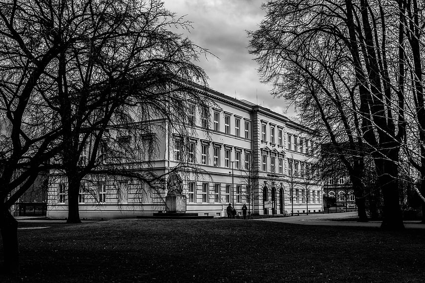 Black and White Architecture of Classical Building with Trees