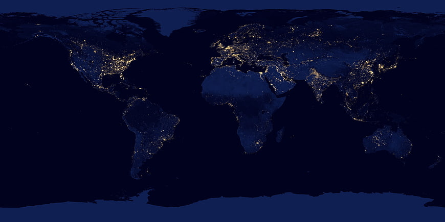 World Map at Night with City Lights from Space