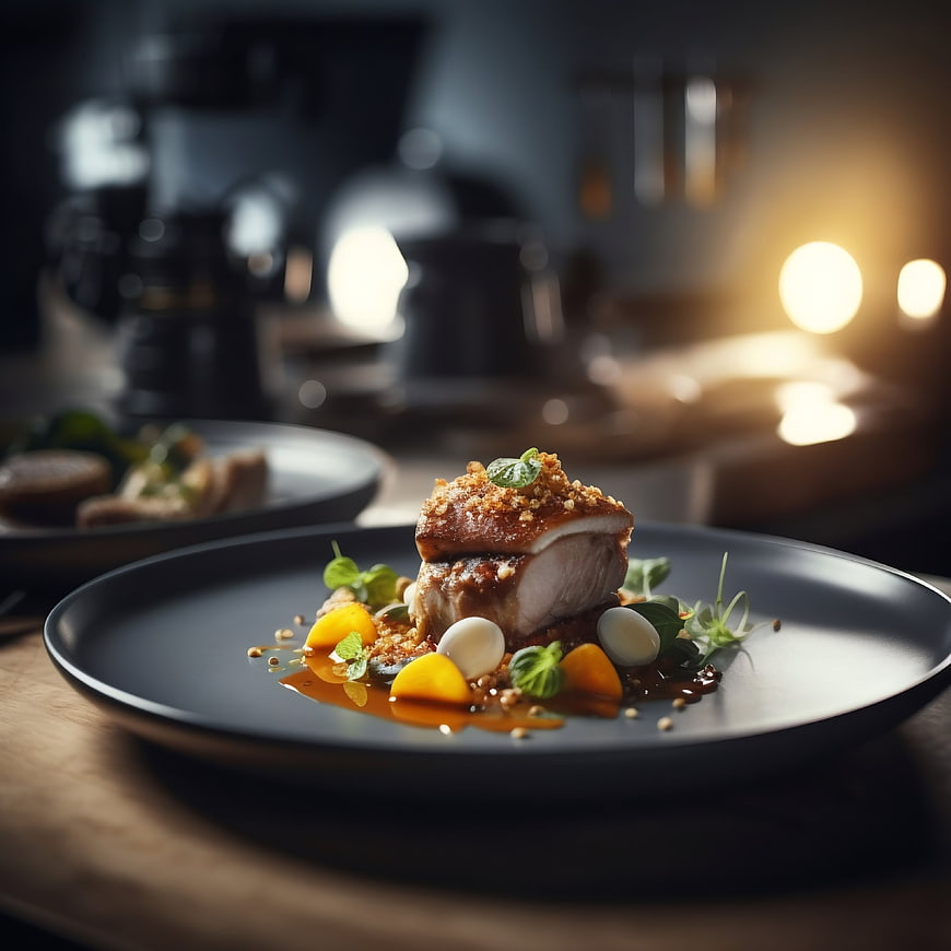Gourmet meat dish with sauce and garnish on dark plate