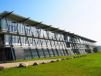 Modern Glass Office Building with Green Lawn and Blue Sky
