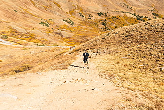 Hiker walking on dry mountain trail in autumn