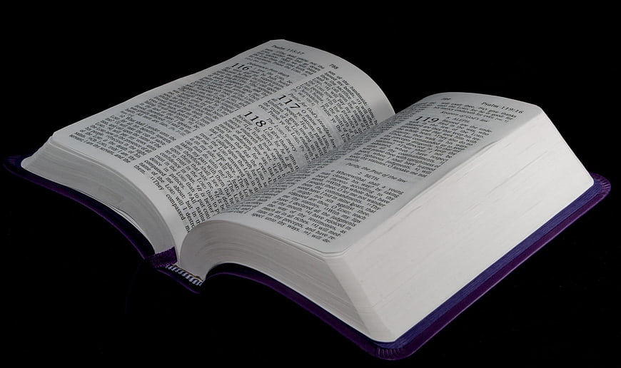 Open Purple Bible on Black Background