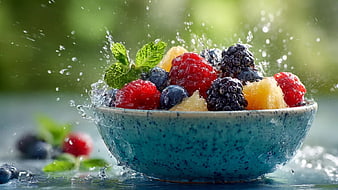 Fresh Mixed Berries in Blue Bowl with Water Splash
