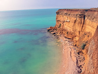 Aerial View of Red Cliffs and Turquoise Ocean Coastline