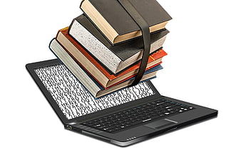 Stack of books on laptop screen with text background