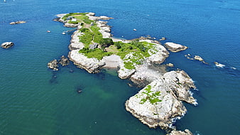Aerial view of rocky island with green vegetation and blue ocean