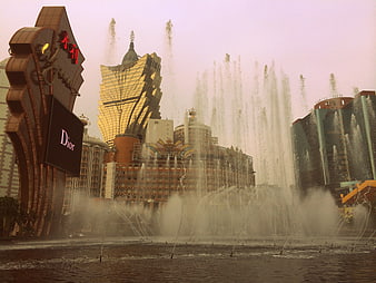 Macau Grand Lisboa Hotel and Dancing Fountains at Dusk