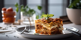 Delicious Lasagna Slice on White Plate with Basil Garnish