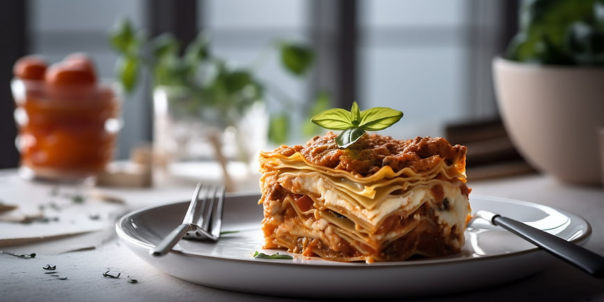 Delicious Lasagna Slice on White Plate with Basil Garnish