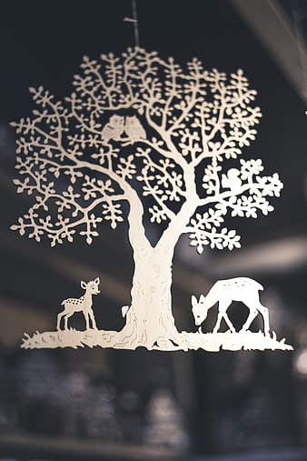 Laser Cut Wooden Tree Ornament with Deer and Owls