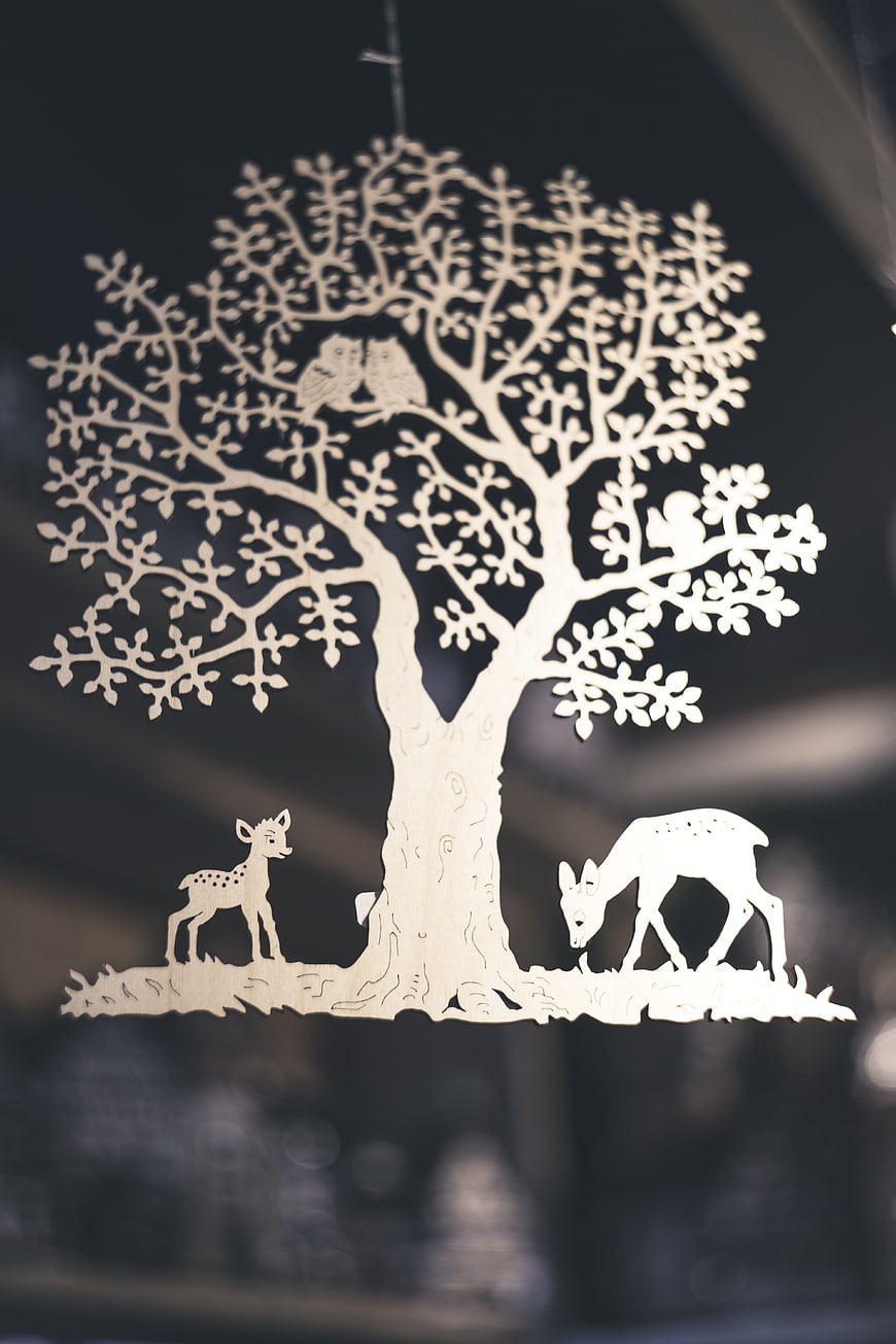 Laser Cut Wooden Tree Ornament with Deer and Owls