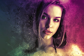 Surreal portrait of a woman with glowing green eyes and colorful background