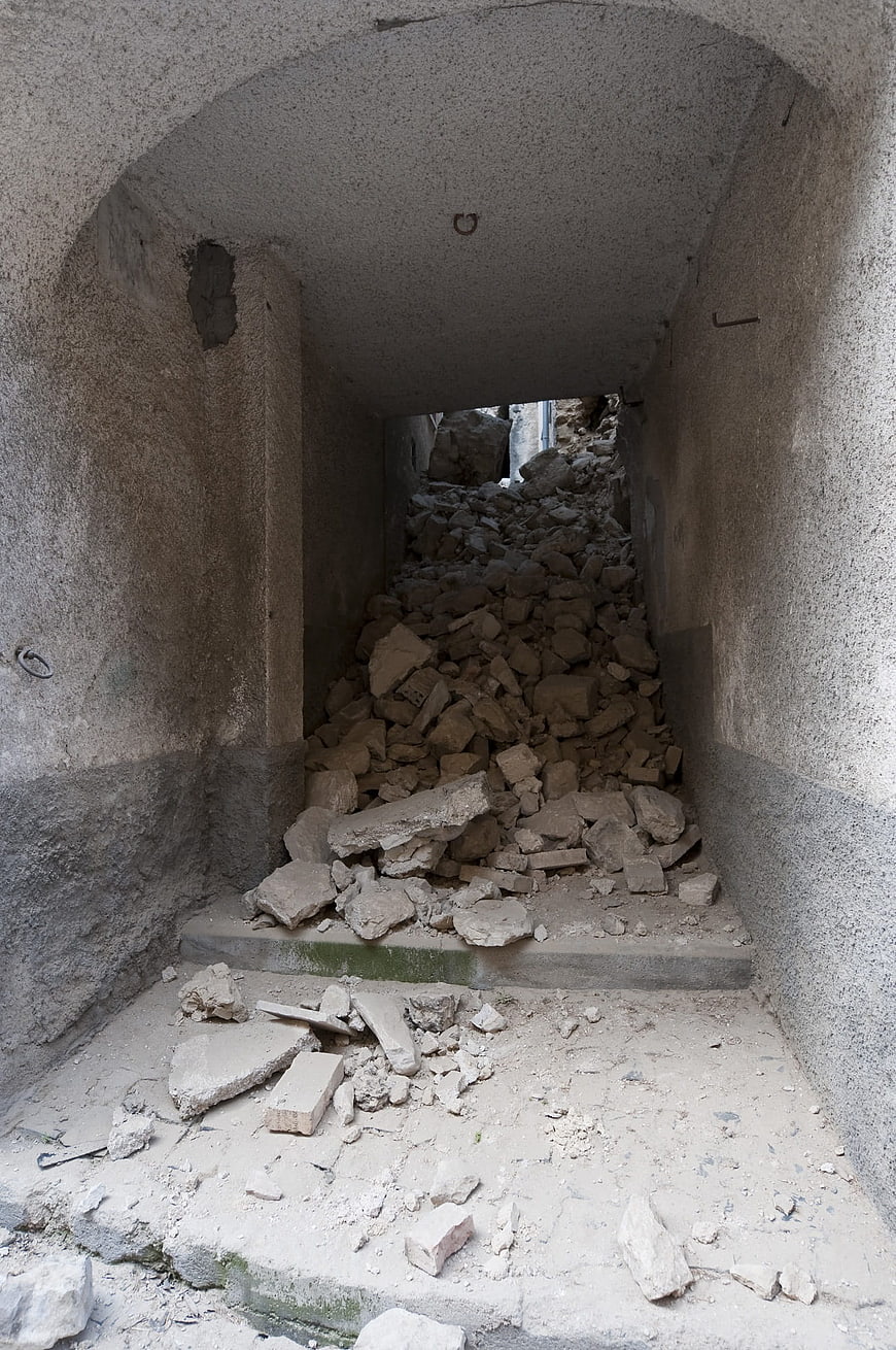Collapsed Concrete Tunnel Filled With Rubble And Debris
