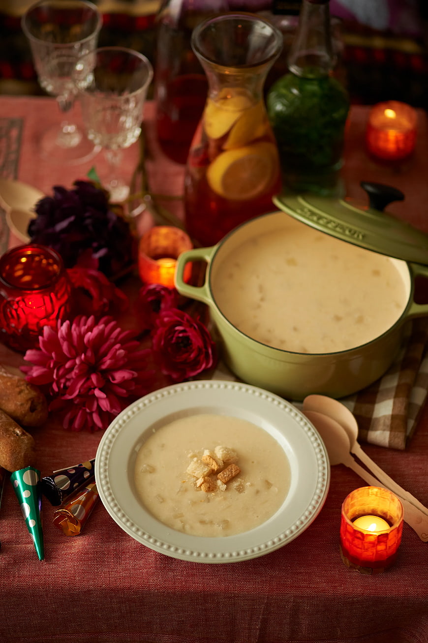 Creamy Soup in Green Pot and Bowl with Croutons