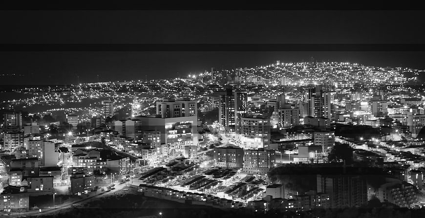 Black and White Night Panorama of Manizales City Lights