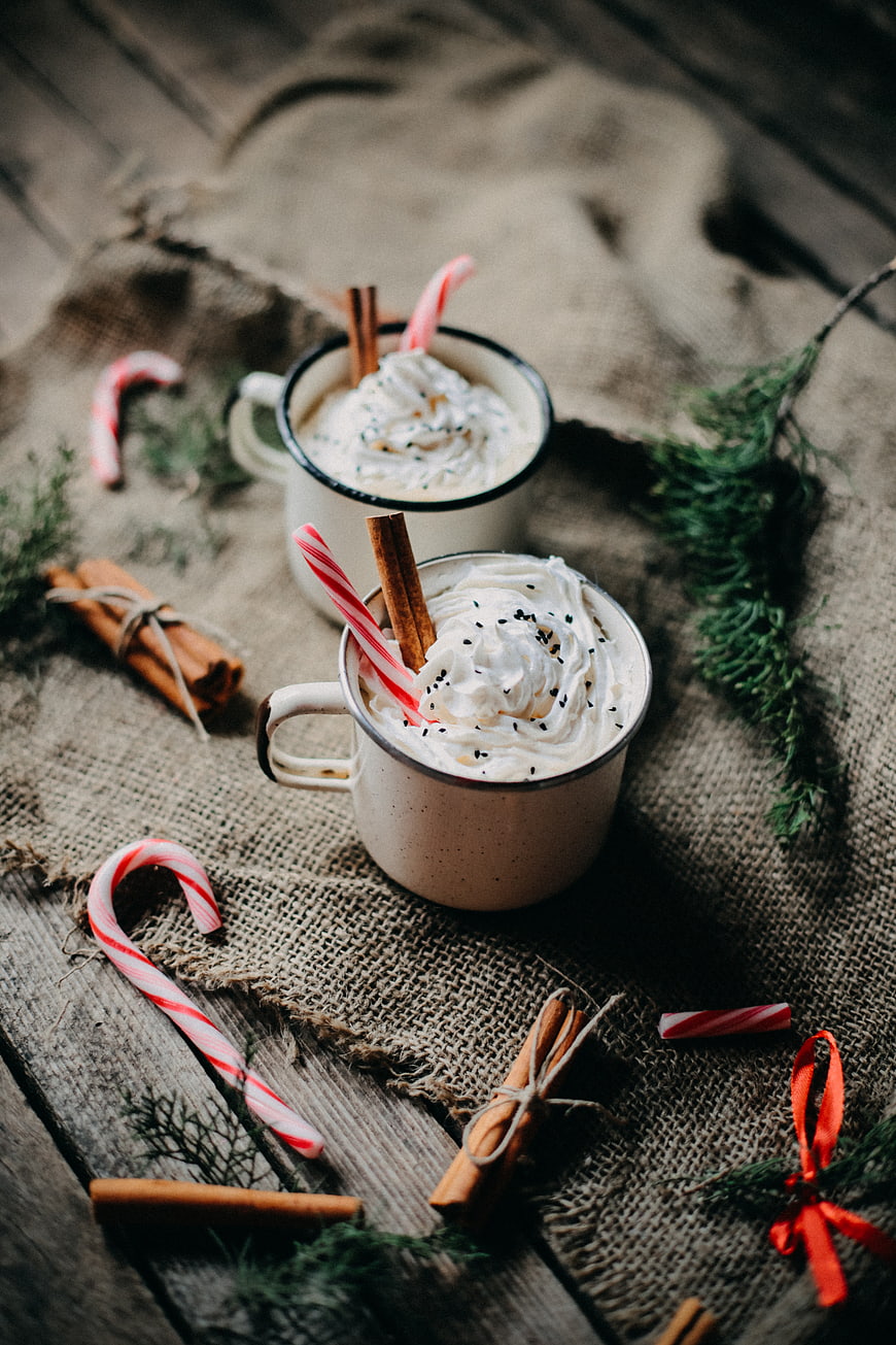 Rustic Hot Chocolate with Whipped Cream and Candy Canes