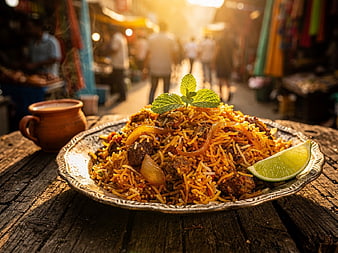 Spicy Biryani Rice Dish on Wooden Table in Busy Market