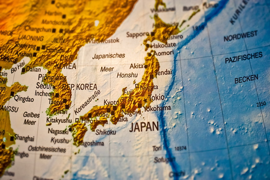 Close-Up Map of Japan and Korea with Pacific Ocean