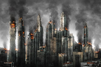 Apocalyptic cityscape with burning skyscrapers and smoke