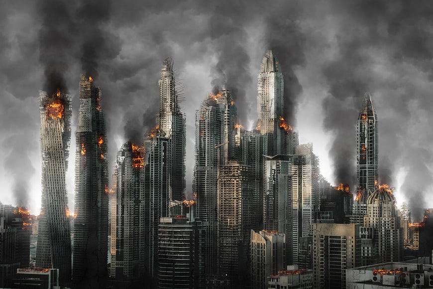Apocalyptic cityscape with burning skyscrapers and smoke