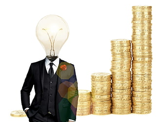 Businessman with lightbulb head and stacks of gold coins