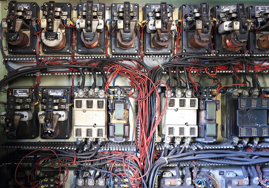 Close-up of industrial electrical control panel with wiring