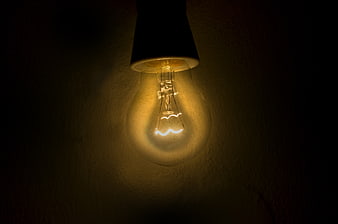 Glowing vintage filament light bulb in dark setting