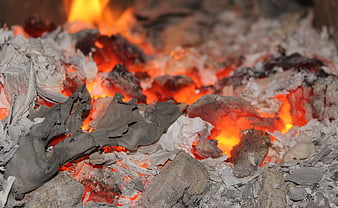 Close-up of glowing red embers and white ash in a fire