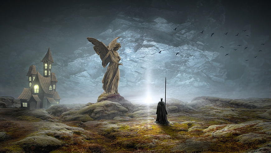 Dark Fantasy Landscape with Angel Statue and Cloaked Figure