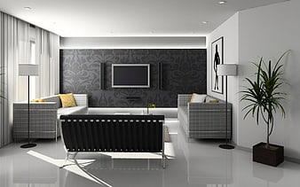 Modern Living Room Interior with Gray Sofa and TV
