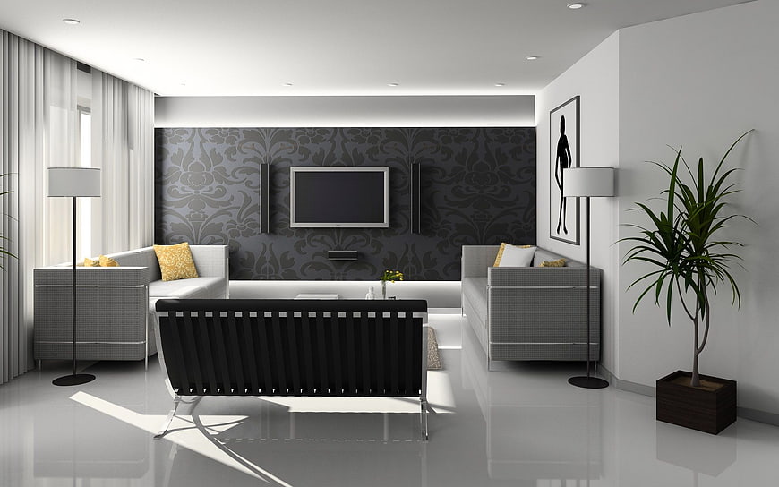 Modern Living Room Interior with Gray Sofa and TV