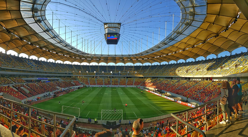 National Arena Stadium Interior With Football Pitch And Spectators